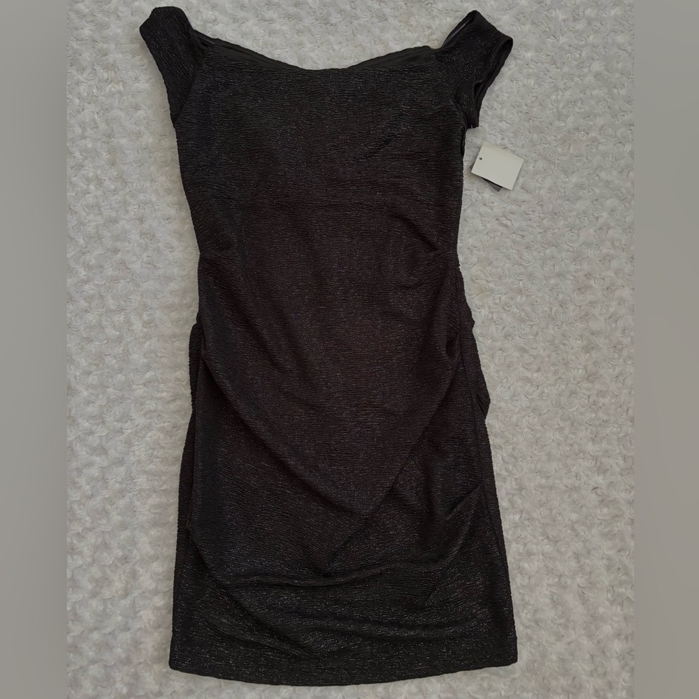 NWT Atelier Danielle Black & Silver Metallic Off Shoulder Sheath Dress | Size 12 - Picture 10 of 14